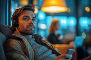 Man Relaxing With Headphones While Using Smartphone in a Modern Cafe Setting During Evening photo