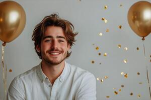 Young Man Celebrates With Gold Balloons and Confetti in a Bright Indoor Setting photo