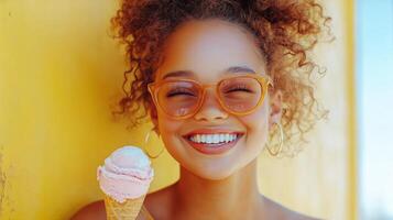 Happy Girl Enjoying Ice Cream Cone on a Sunny Day With a Bright Yellow Background photo