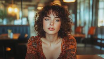 Young Woman With Curly Hair Sitting at a Cafe During the Afternoon photo