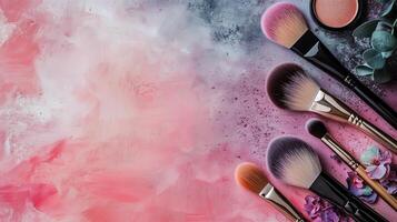 Colorful Makeup Brushes Arranged With Delicate Floral Accents on a Textured Surface photo