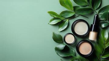 Natural Beauty Products Arranged With Green Leaves on a Serene Background photo