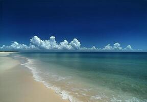 Serene Coastal View With Calm Waters and Fluffy Clouds on a Sunny Day photo