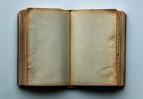 Old Open Book With Blank Pages and Worn Edges Resting on a Flat Surface photo