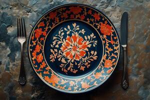 Beautiful Ornate Plate Set on a Textured Surface With Elegant Cutlery at an Inviting Dining Table photo
