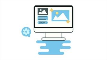 Computer monitor screen animation with AI image generating process. Loop animation in flat design style video