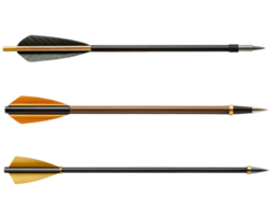 Three Unique Arrows Featuring Vibrant Fletching Designs on a transparent background png