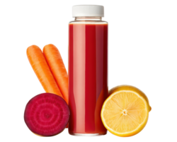 Fresh juice bottle with vibrant fruits and vegetables on a transparent background png