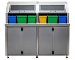 Recycling station with multiple bins for waste sorting on a transparent background png
