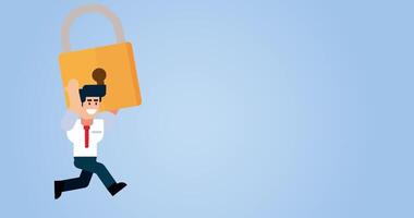 Businessman Running with Padlock on Blue Background Representing Data Security and Protection Concept video
