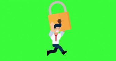 Businessman Running with Padlock on Green Screen Background for Data Security and Privacy Concept Use video