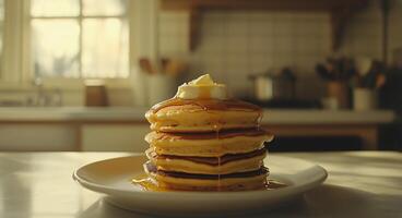 Delicious Stack of Fluffy Pancakes With Maple Syrup and Butter on a White Plate in a Cozy Kitchen photo