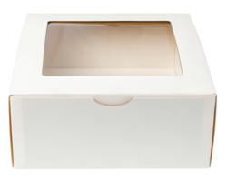 White cardboard box with clear window for displaying baked goods on a transparent background png