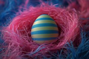 Colorful Striped Egg Resting in a Vibrant Nest During Spring Festivities photo