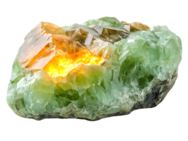Vibrant Green Crystal Mineral Specimen with Transparent Background and Golden Brown Cubic Formation Illuminating Facets in Studio Lighting Gemstone Collection Display Piece Gemology Study Element png