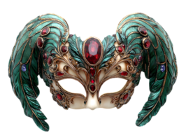 Ornate Venetian Carnival Mask with Teal Feathers and Red Gems on Transparent Background Perfect For Masquerade Ball Theme and Celebratory Events Invitations and Posters png