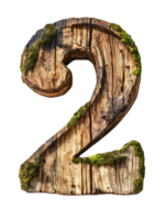 Wooden Number Two with Moss Detail Against Transparent Backdrop Detailed Texture Rustic Natural Element Weathered Timber Numbering Signage 3D Rendered Art Design Object Isolated Symbolic Icon Digit png