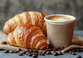 Delicious Croissants and Coffee Served on Burlap With Coffee Beans on a Rustic Table photo