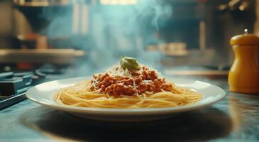 Delicious Spaghetti With Rich Tomato Sauce and Fresh Basil in a Cozy Kitchen photo