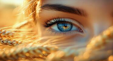 Close-up of a Womans Eye Surrounded by Golden Wheat at Sunset photo
