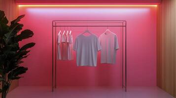 Modern Clothing Display With Minimalistic Design in Vibrant Pink Background photo