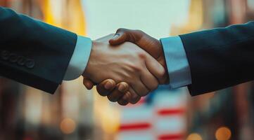 Business Professionals Shake Hands in Urban Setting to Signify Partnership During Daytime photo