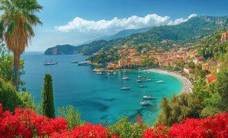 Scenic Coastal View Showcasing Yachts, Vibrant Flowers, and Lush Hills on a Sunny Day in the Mediterranean photo