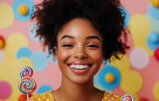 Smiling Girl Holding Colorful Lollipops Against a Vibrant Backdrop With Playful Shapes photo
