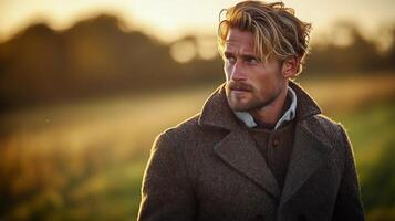 Captivating Man in a Field During Golden Hour Wearing Stylish Outerwear photo