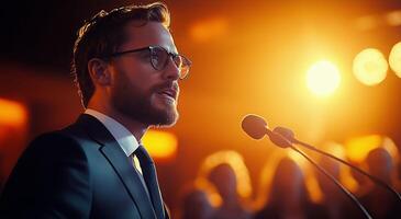 A Professional Speaker With Glasses Passionately Addresses an Audience During an Evening Event photo