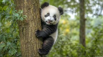 Cute Panda Cub Climbing a Tree in a Natural Habitat During Daytime photo