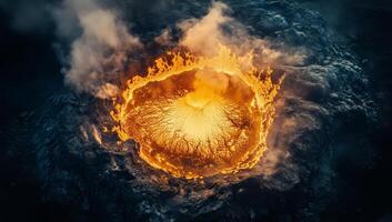 Lava Erupts From Volcano Creating a Stunning Display of Molten Rock and Smoke in a Dramatic Landscape photo