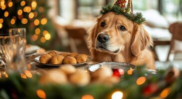 Golden Retriever in Festive Hat Gazes at Delicious Treats During Holiday Celebration photo