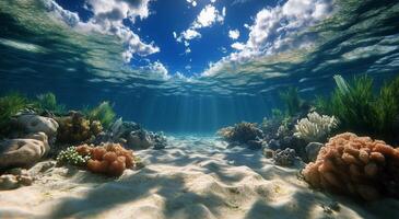 Underwater View Showcasing Coral Reefs and Sunlight Breaking Through the Ocean Surface at Midday photo