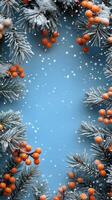 Winter Backdrop With Frosted Branches and Bright Red Berries Under Falling Snow photo