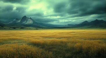 Golden Wheat Field Under Dramatic Clouds in a Remote Mountain Landscape photo