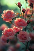 Delicate Pink Roses Bloom in a Serene Garden During the Morning Light photo