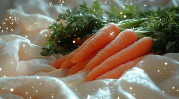 Freshly Harvested Carrots With Green Tops Presented on Soft Fabric Surrounded by Gentle Sparkles photo