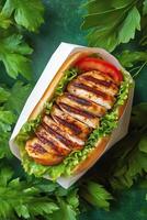 Delicious Grilled Chicken Sandwich Served With Fresh Vegetables and Herbs in a Vibrant Setting photo