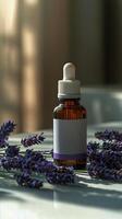 Lavender Oil Dropper Bottle Beside Fresh Lavender Flowers in Soft Light photo