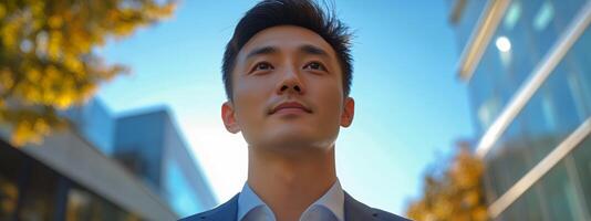 Business Professional Looks up Confidently in Urban Setting With Modern Buildings Under Clear Sky photo