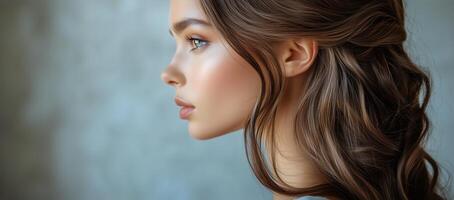 Young Woman With Beautiful Long Hair Poses Elegantly Against a Textured Background in Soft Lighting photo