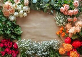 Colorful Assortment of Fresh Flowers Arranged on Burlap Surface for Floral Design photo