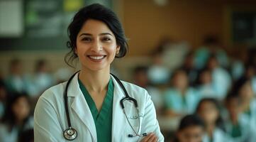 Smiling Healthcare Professional in a Classroom Setting Engaging With Aspiring Students photo
