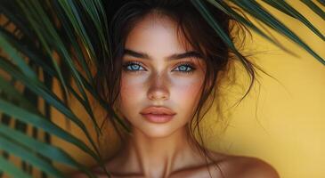 Young Woman With Striking Blue Eyes Poses Against Yellow and Green Backdrop in a Bright Setting photo