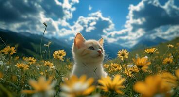 Cute White Kitten Exploring a Colorful Flower Field Under a Bright Blue Sky photo