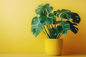 Monstera Plant in Bright Yellow Pot Against Yellow Wall for Modern Decor Inspiration photo