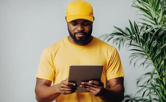 Person in Yellow Outfit Using Tablet in Indoor Green Setting During Daytime photo