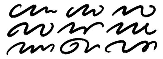 Black wave paint line set. Squiggle sketch brush stroke collection. Rough charcoal curved flourish pack for highlight, underline, emphasis. Swoosh stripe bundle. Hand drawn crayon chalk strips vector