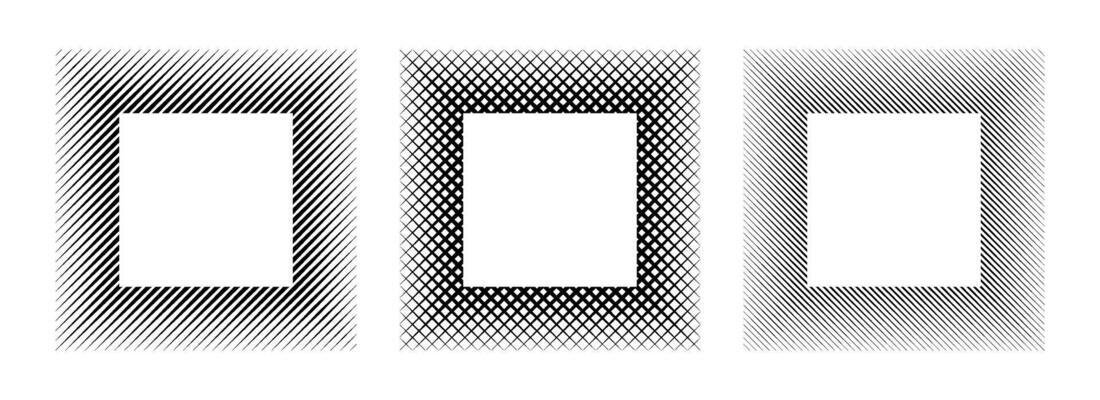 Black linear square frame set. Striped geometric border collection in minimalist style. Thin overlap line picture frame bundle. Simple boarder element pack for photo, cadre, poster, card.